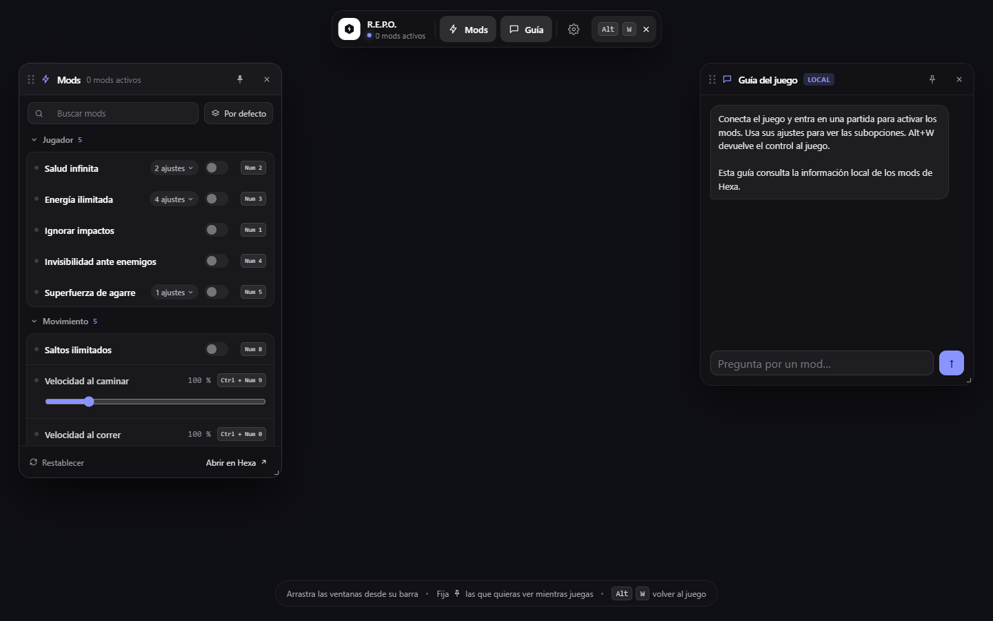 Vista previa de las ventanas reales de mods y guía del overlay de Hexa